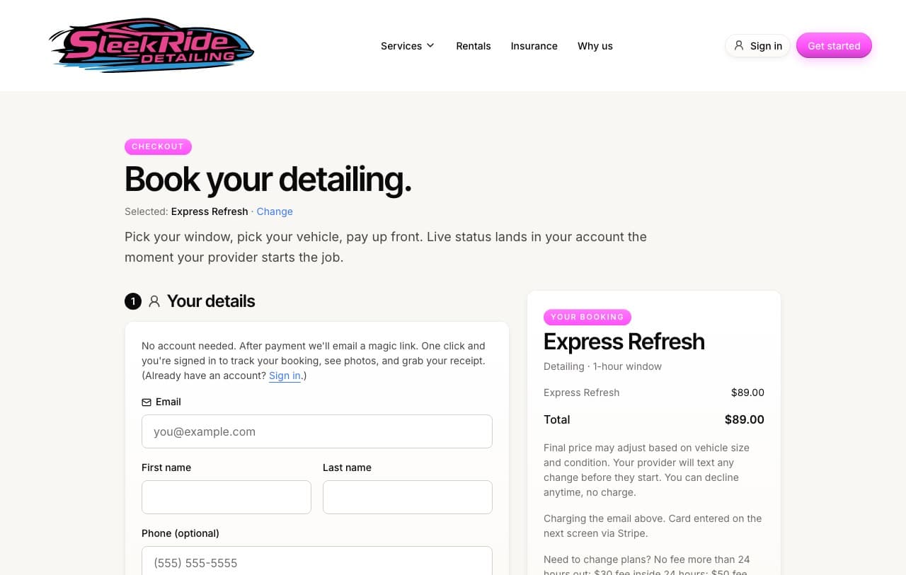 The booking form with the price summary rail