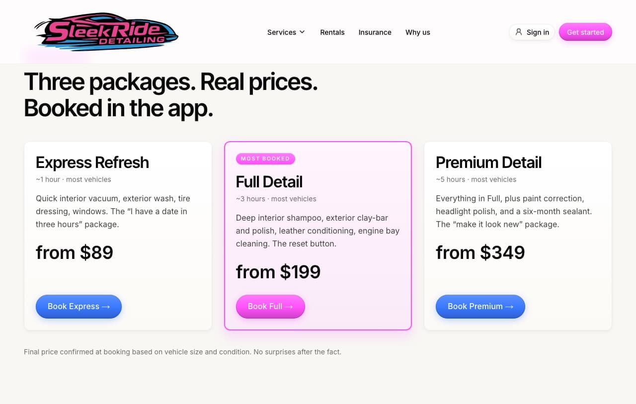 The detailing page's three packages with real prices