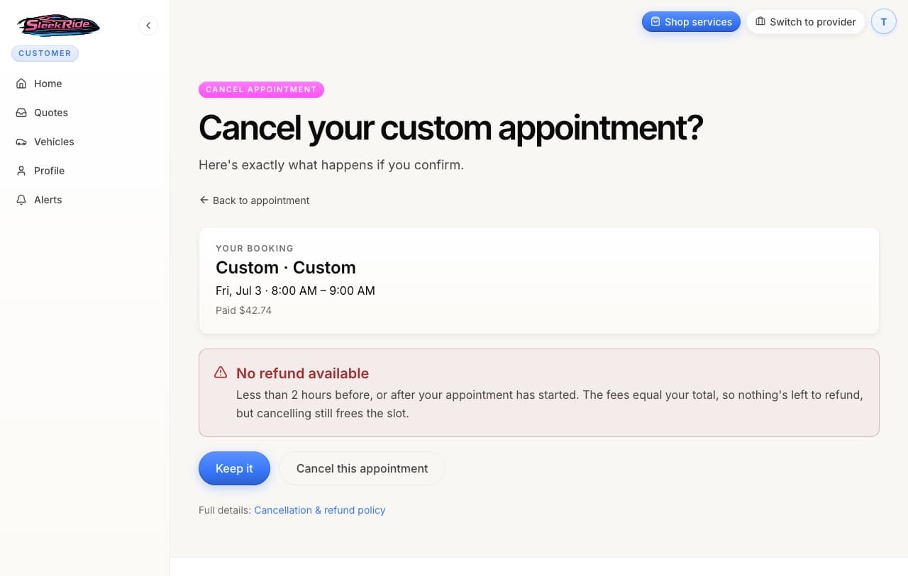 The cancel page showing the computed refund outcome
