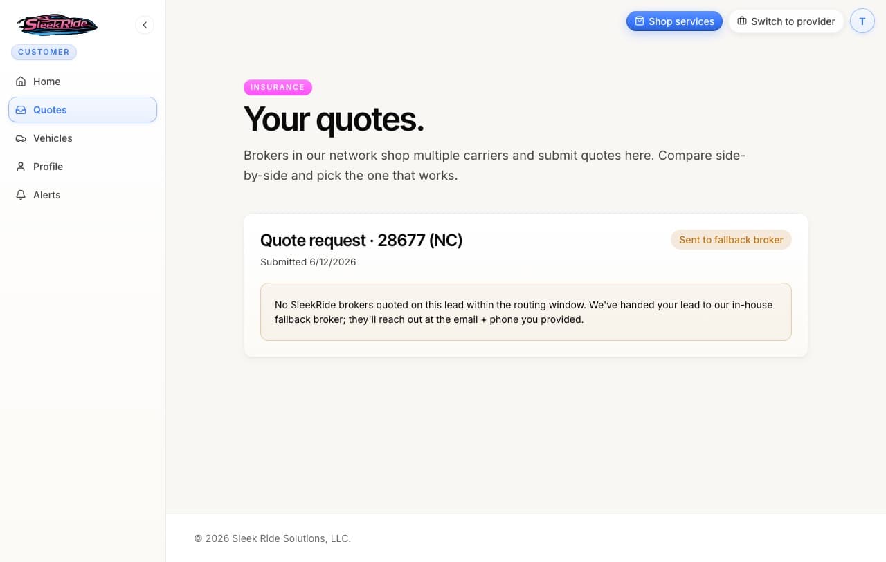 The insurance quotes page in your account