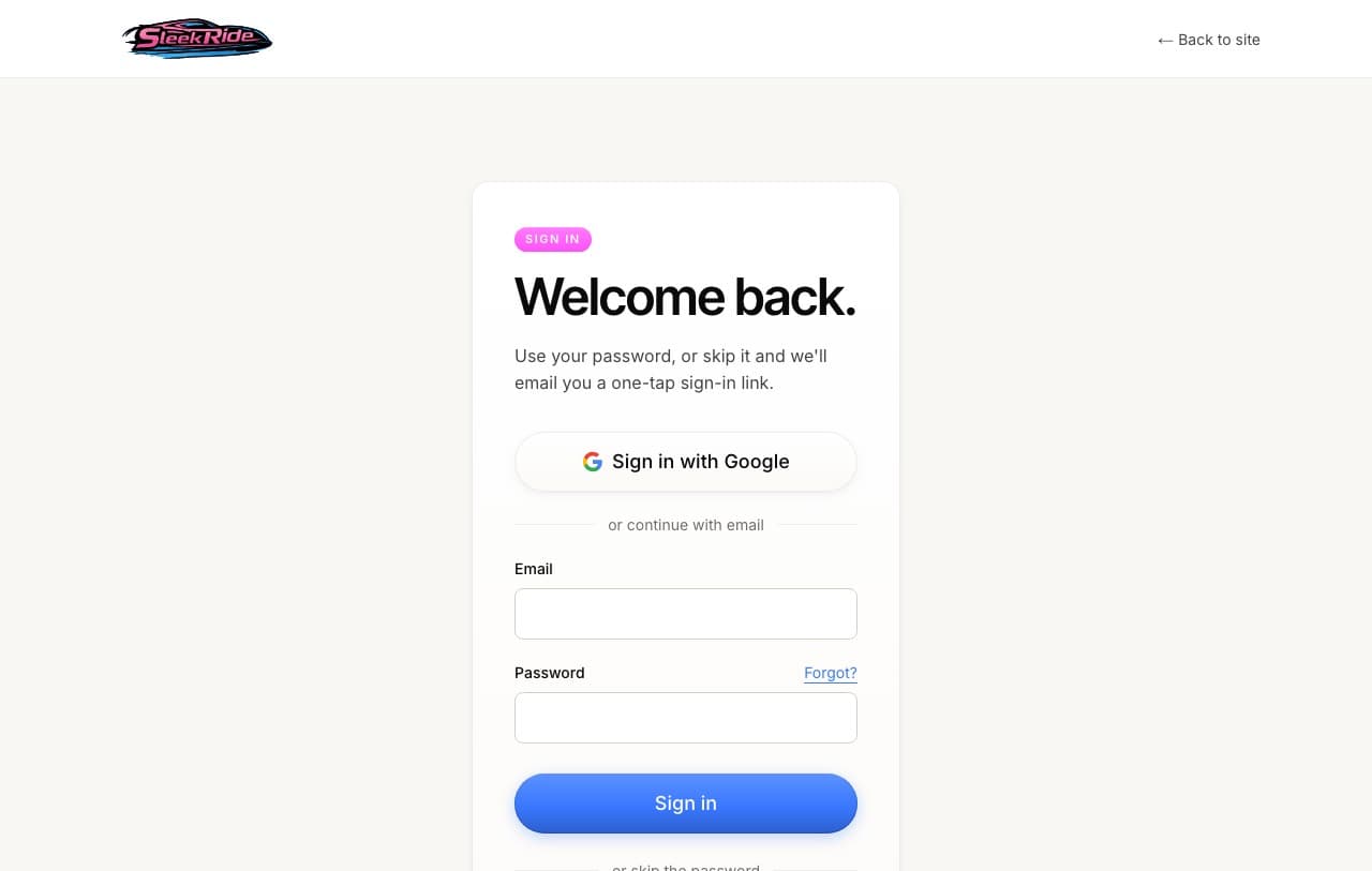 The sign-in page with password, Google, and sign-in link options