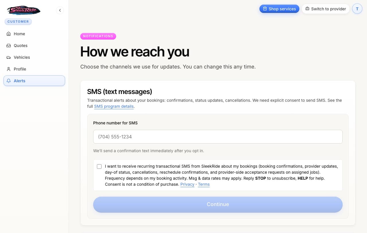 The notifications page with channel and category controls
