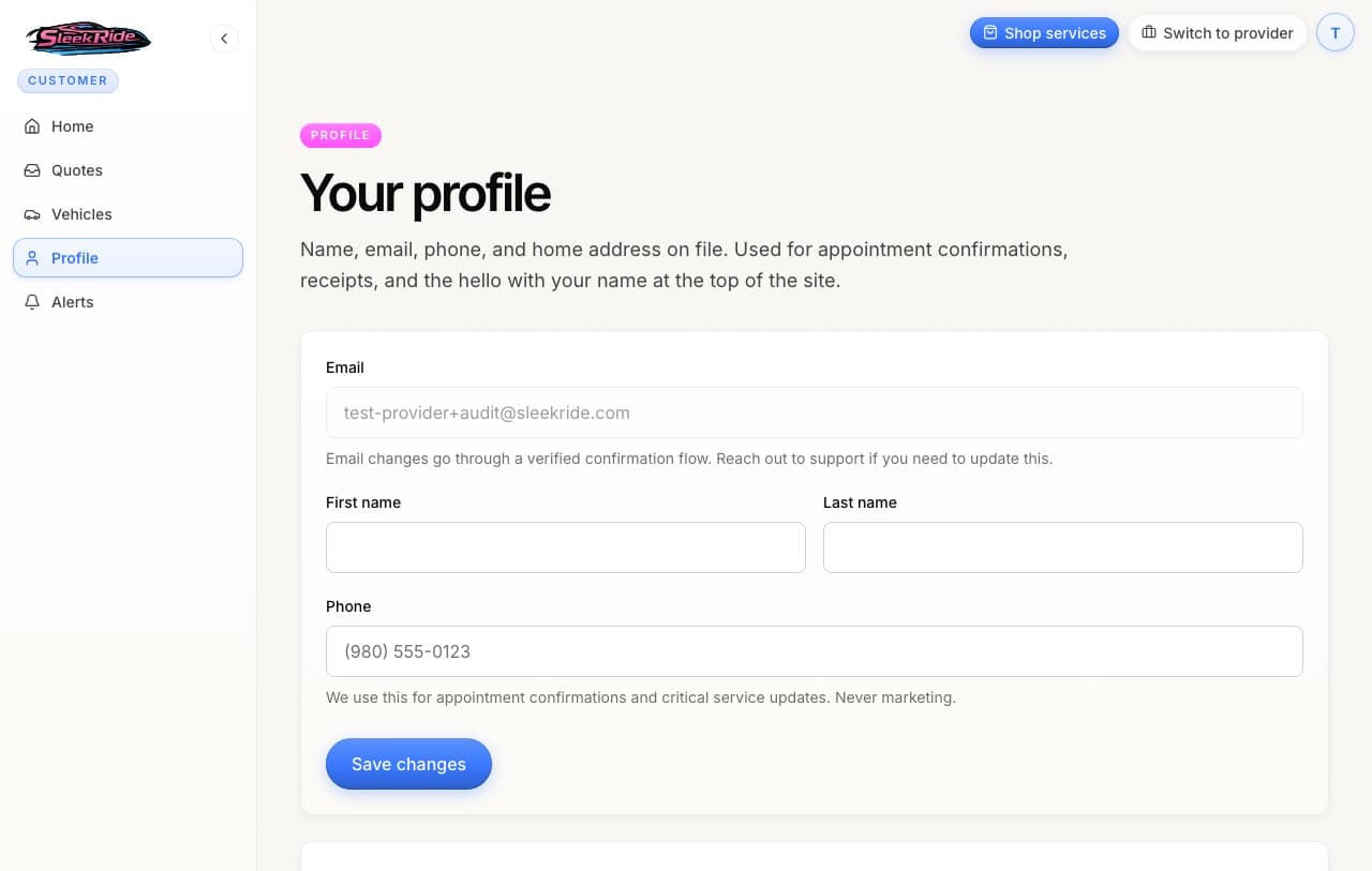 The profile page with contact info and home address