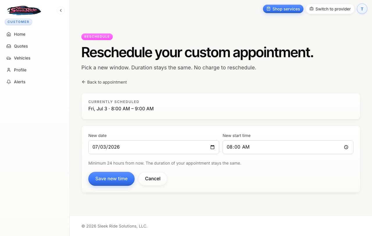 The reschedule form with the current window shown