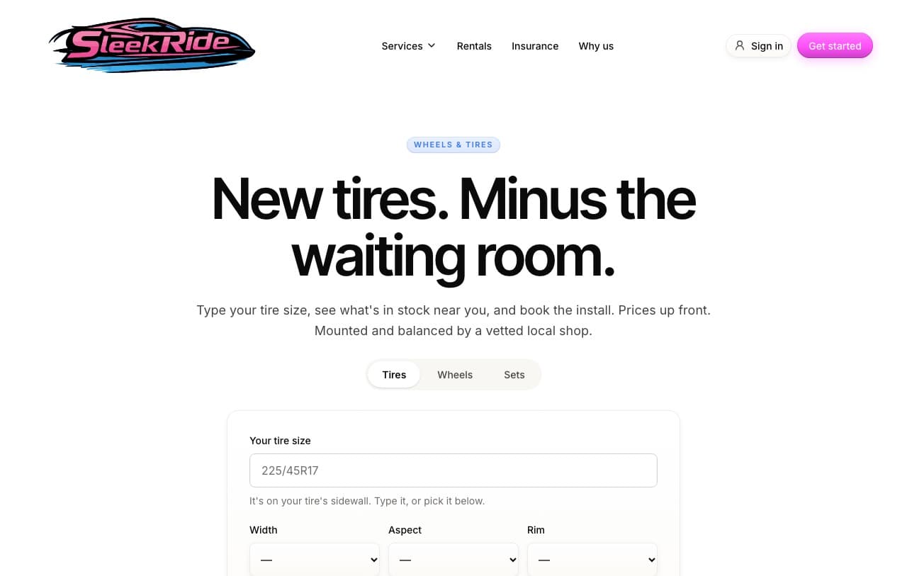 The tire search with size, zip, and radius
