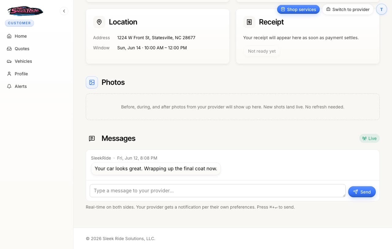 The live messages thread on an appointment