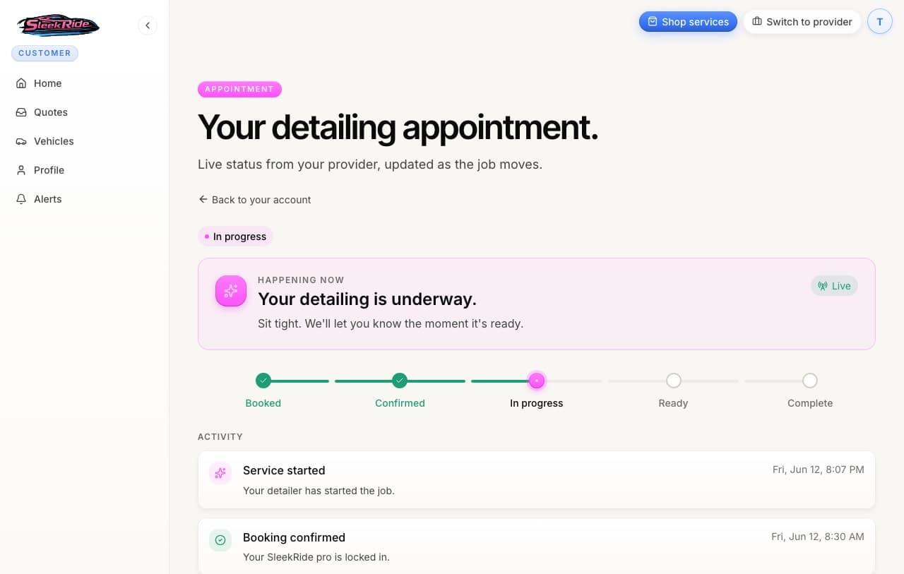The appointment tracker with the live status banner and progress bar