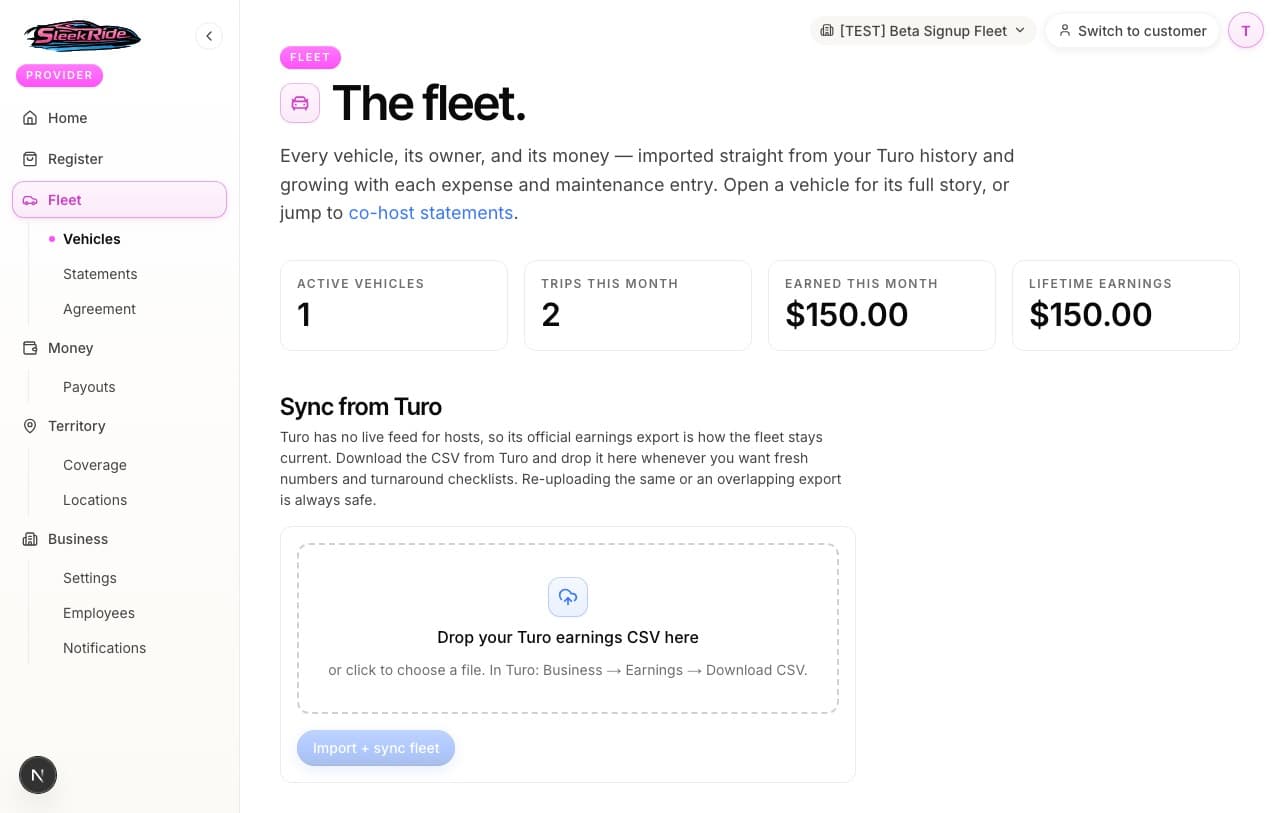 The Sync from Turo drop zone on the fleet dashboard