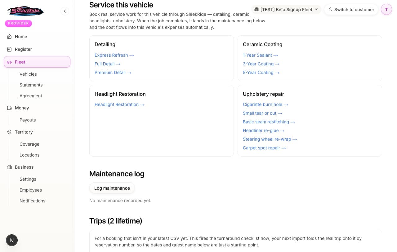 The Service this vehicle section on a fleet vehicle page