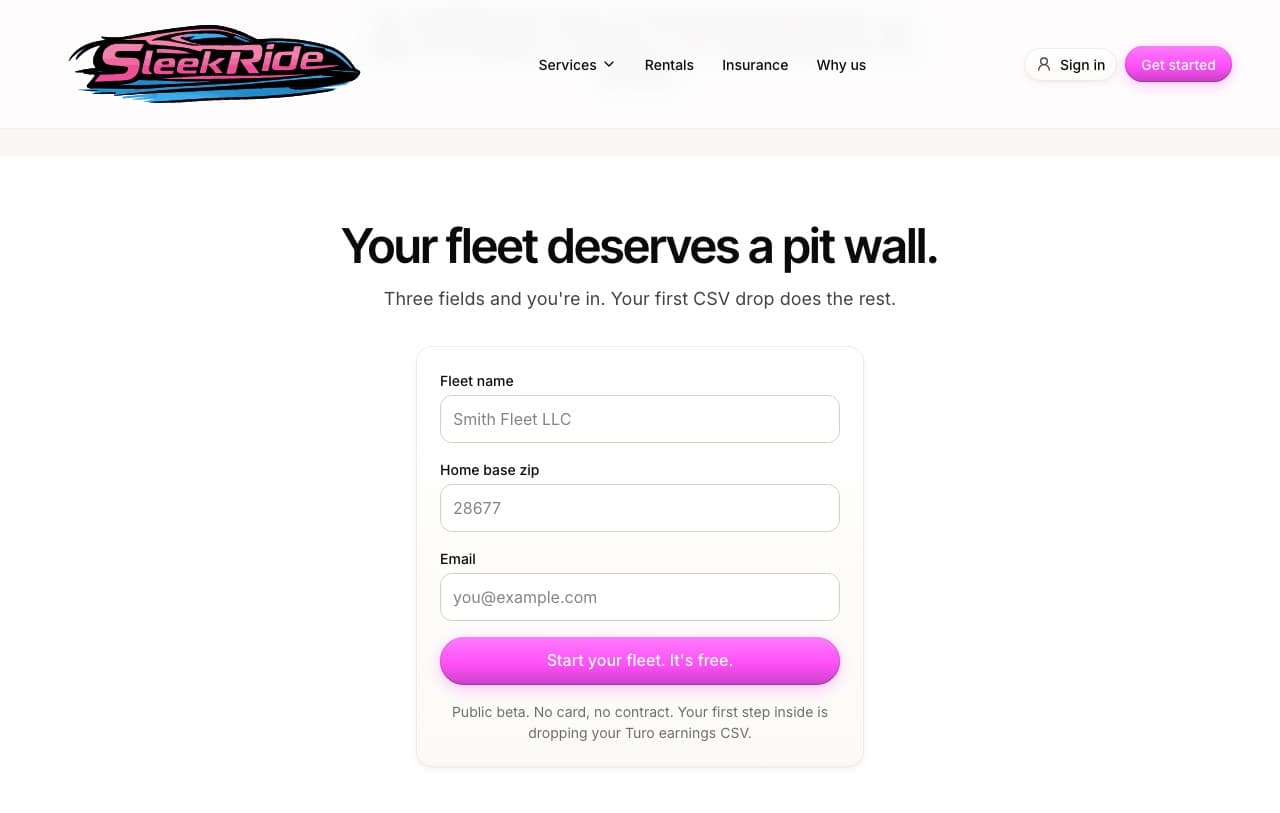 The SleekRide Fleet three-field signup