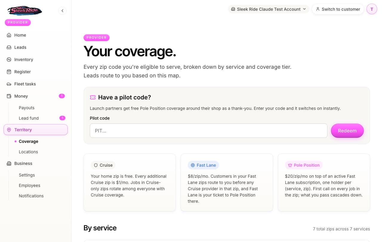 The coverage page with tiers and per-service zips