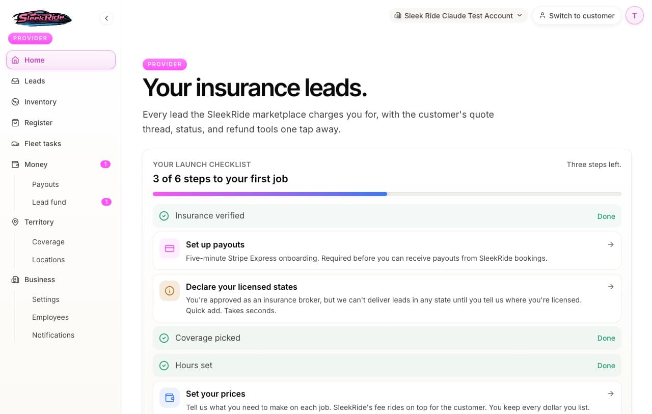 The provider dashboard where bookings land