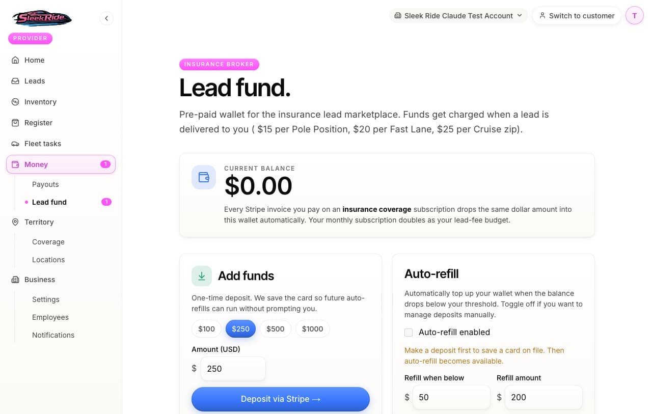 The lead fund wallet with deposits and auto-refill