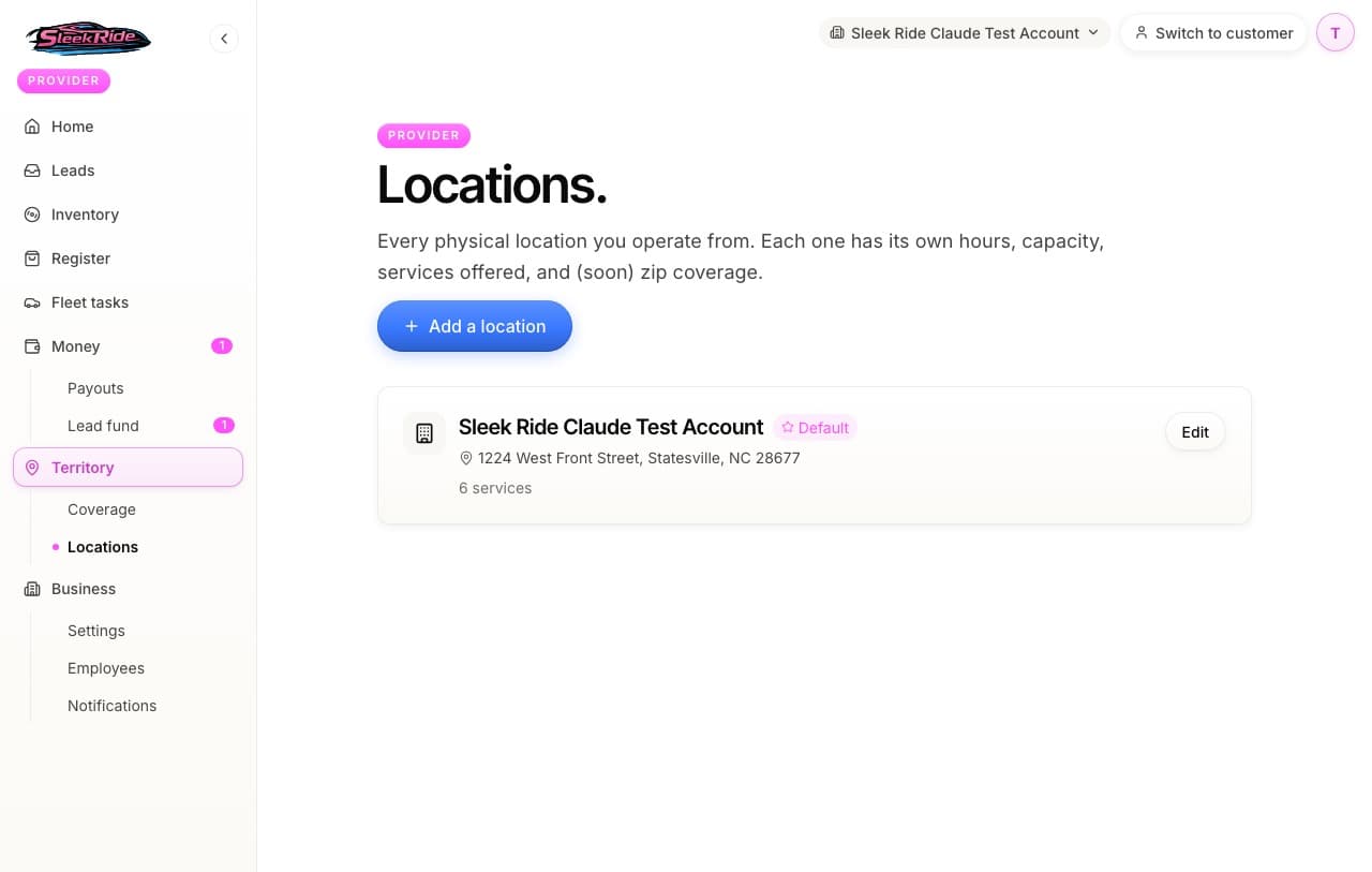 The locations page with per-location settings