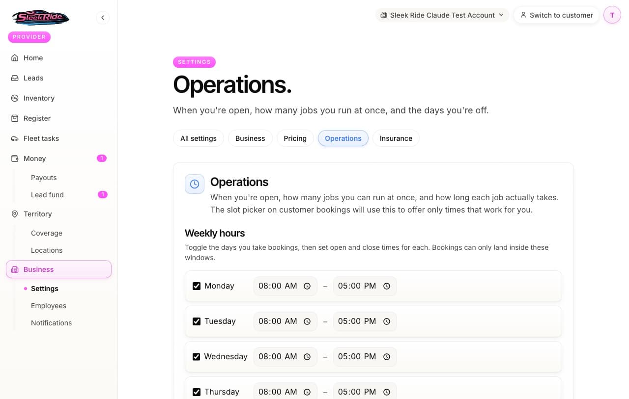 The operations settings: hours, concurrent jobs, durations