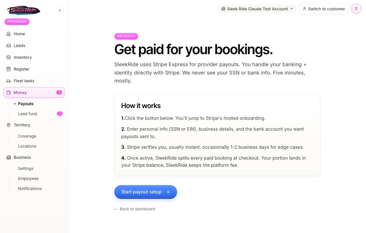 The payout setup page