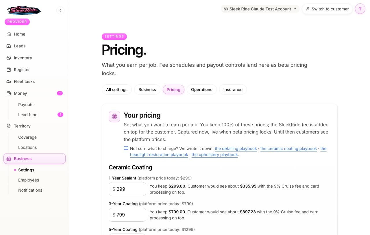 The pricing settings with live customer-total previews