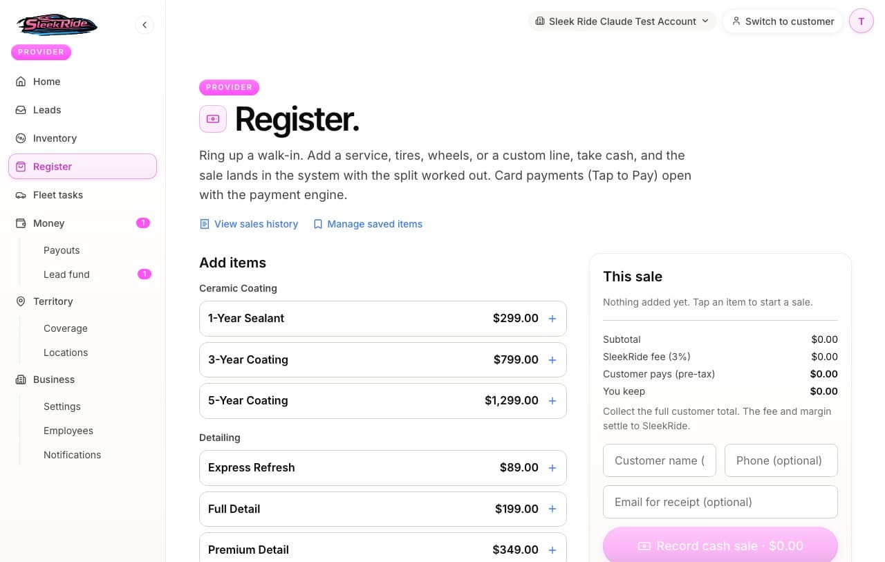 The register with catalog items and the sale rail